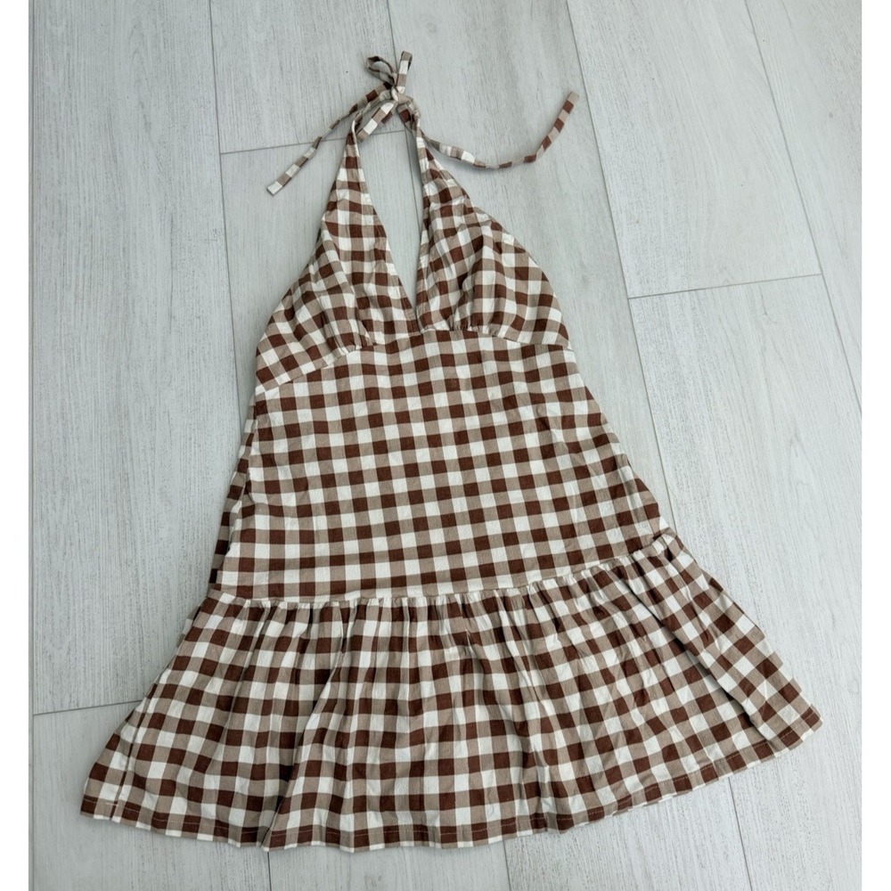 Free People Cecil Flounce Hem Cotton Blend Halter Plaid Minidress Sz M‎ - Picture 3 of 9